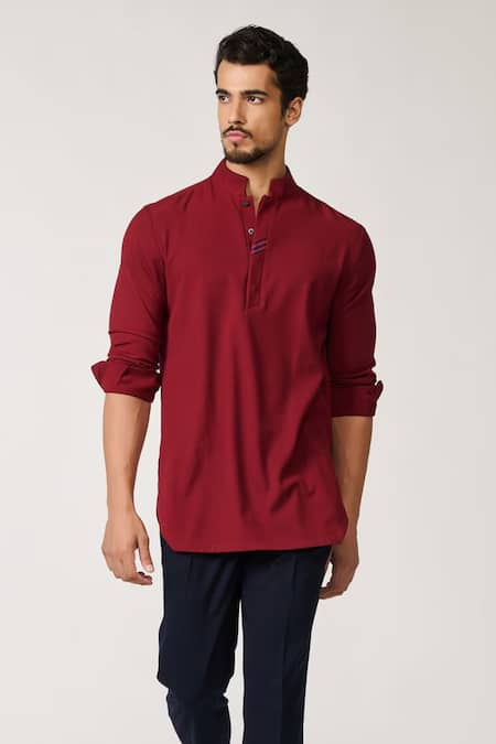 S&N By Shantnu Nikhil Red Lycra, Viscose, Terrycloth Embroidery Tape Pattern Placket Short Kurta Online at Aza Fashions S&N By Shantnu Nikhil_Red Lycra, Viscose, Terrycloth Embroidery Tape Pattern Placket Short Kurta_Online_at_Aza_Fashions