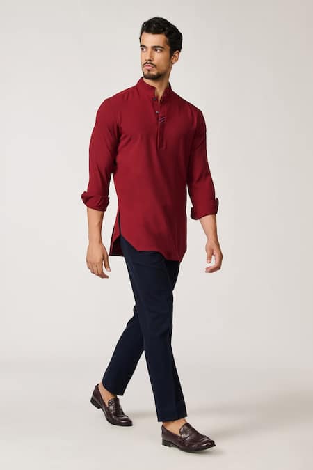 Buy S&N By Shantnu Nikhil Red Lycra, Viscose, Terrycloth Embroidery Tape Pattern Placket Short Kurta Online at Aza Fashions Buy_S&N By Shantnu Nikhil_Red Lycra, Viscose, Terrycloth Embroidery Tape Pattern Placket Short Kurta_Online_at_Aza_Fashions