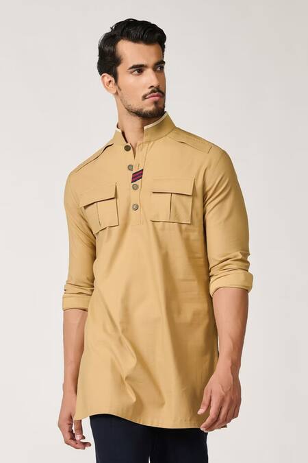 S&N By Shantnu Nikhil Beige Wool, Viscose, Polyester Piping Patch Pocket Short Kurta Online at Aza Fashions S&N By Shantnu Nikhil_Beige Wool, Viscose, Polyester Piping Patch Pocket Short Kurta_Online_at_Aza_Fashions
