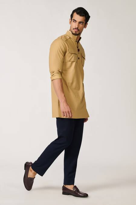 Buy S&N By Shantnu Nikhil Beige Wool, Viscose, Polyester Piping Patch Pocket Short Kurta Online at Aza Fashions Buy_S&N By Shantnu Nikhil_Beige Wool, Viscose, Polyester Piping Patch Pocket Short Kurta_Online_at_Aza_Fashions