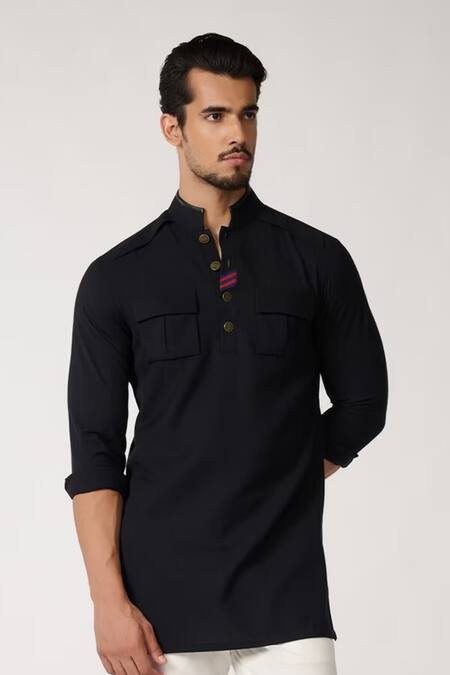 S&N By Shantnu Nikhil Black Cotton, Polyester Piping Tape Pattern Placket Short Kurta Online at Aza Fashions S&N By Shantnu Nikhil_Black Cotton, Polyester Piping Tape Pattern Placket Short Kurta_Online_at_Aza_Fashions