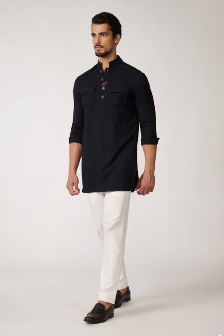 Buy S&N By Shantnu Nikhil Black Cotton, Polyester Piping Tape Pattern Placket Short Kurta Online at Aza Fashions Buy_S&N By Shantnu Nikhil_Black Cotton, Polyester Piping Tape Pattern Placket Short Kurta_Online_at_Aza_Fashions