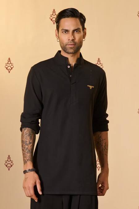 S&N By Shantnu Nikhil_Black Rayon, Twill Embroidery Crest Embellished Placement Short Kurta_Online_at_Aza_Fashions