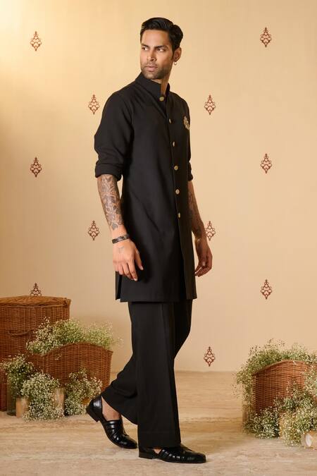 Shop_S&N By Shantnu Nikhil_Black Rayon Embroidery Crest Embellished Bodice Short Kurta_Online_at_Aza_Fashions