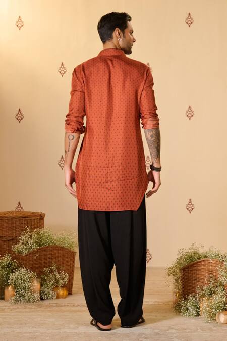 Shop_S&N By Shantnu Nikhil_Orange Silk, Twill Embroidery Adamas Print Short Kurta_at_Aza_Fashions