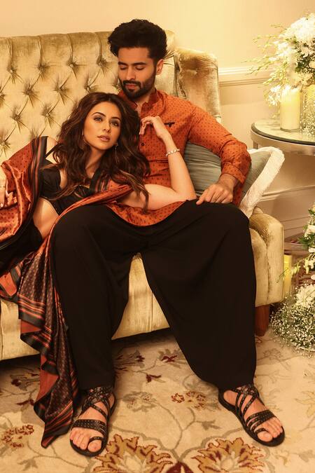 Buy_S&N By Shantnu Nikhil_Orange Silk, Twill Embroidery Adamas Print Short Kurta_Online_at_Aza_Fashions