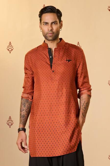 Shop_S&N By Shantnu Nikhil_Orange Silk, Twill Embroidery Adamas Print Short Kurta_Online_at_Aza_Fashions