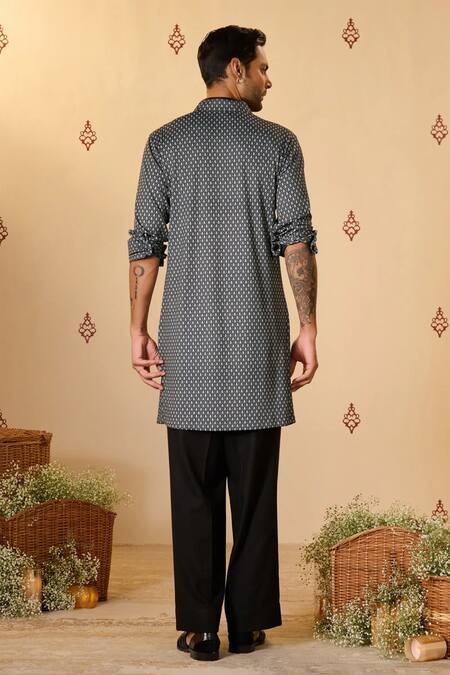 Shop_S&N By Shantnu Nikhil_Black Crepe, Jersey Embroidery Adamas Butti Print Kurta_at_Aza_Fashions