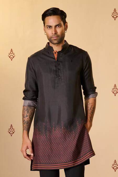 S&N By Shantnu Nikhil_Black Silk, Twill Embroidery Adamas Ombre Print Kurta_Online_at_Aza_Fashions