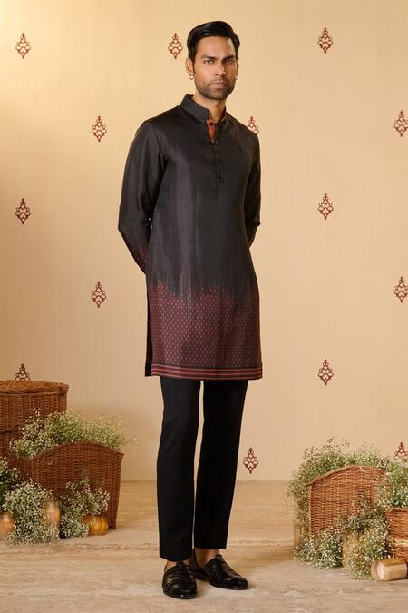 Buy_S&N By Shantnu Nikhil_Black Silk, Twill Embroidery Adamas Ombre Print Kurta_Online_at_Aza_Fashions