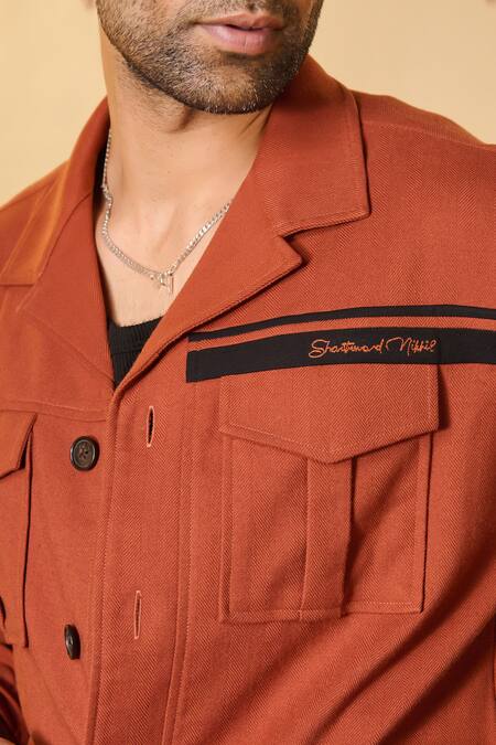 S&N By Shantnu Nikhil Orange Rayon Embroidery Monogramed Woven Jacket Online at Aza Fashions S&N By Shantnu Nikhil_Orange Rayon Embroidery Monogramed Woven Jacket_Online_at_Aza_Fashions