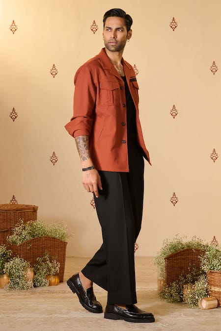 Shop S&N By Shantnu Nikhil Orange Rayon Embroidery Monogramed Woven Jacket Online at Aza Fashions Shop_S&N By Shantnu Nikhil_Orange Rayon Embroidery Monogramed Woven Jacket_Online_at_Aza_Fashions