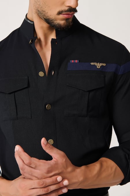 S&N By Shantnu Nikhil_Black Wool, Viscose, Polyester Embroidery Colour Block Patchwork Shirt_Online_at_Aza_Fashions