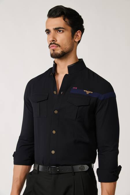 Buy_S&N By Shantnu Nikhil_Black Wool, Viscose, Polyester Embroidery Colour Block Patchwork Shirt_Online_at_Aza_Fashions