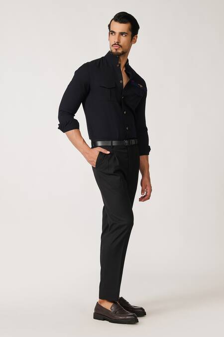 Shop_S&N By Shantnu Nikhil_Black Wool, Viscose, Polyester Embroidery Colour Block Patchwork Shirt_Online_at_Aza_Fashions