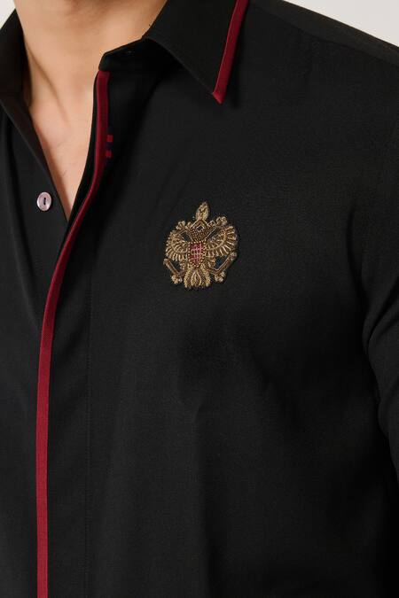 S&N By Shantnu Nikhil Black Lycra, Viscose, Terrycloth Crystals, Piping Crest Embellished Shirt Online at Aza Fashions S&N By Shantnu Nikhil_Black Lycra, Viscose, Terrycloth Crystals, Piping Crest Embellished Shirt_Online_at_Aza_Fashions