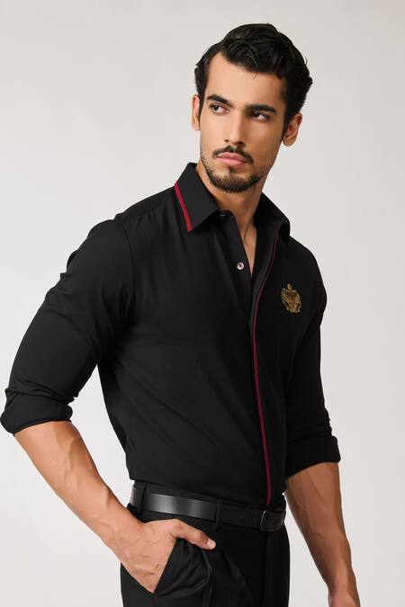 Buy S&N By Shantnu Nikhil Black Lycra, Viscose, Terrycloth Crystals, Piping Crest Embellished Shirt Online at Aza Fashions Buy_S&N By Shantnu Nikhil_Black Lycra, Viscose, Terrycloth Crystals, Piping Crest Embellished Shirt_Online_at_Aza_Fashions