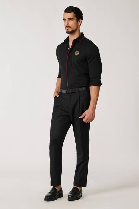 Shop S&N By Shantnu Nikhil Black Lycra, Viscose, Terrycloth Crystals, Piping Crest Embellished Shirt Online at Aza Fashions Shop_S&N By Shantnu Nikhil_Black Lycra, Viscose, Terrycloth Crystals, Piping Crest Embellished Shirt_Online_at_Aza_Fashions