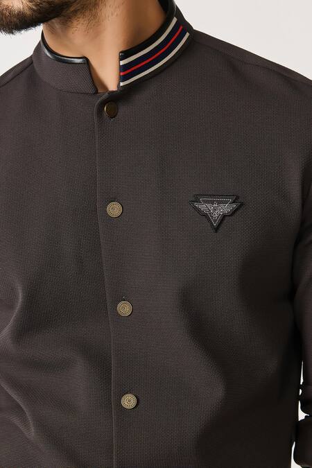 S&N By Shantnu Nikhil Grey Lycra, Nylon Crystals Crest Patchwork Shirt Online at Aza Fashions S&N By Shantnu Nikhil_Grey Lycra, Nylon Crystals Crest Patchwork Shirt_Online_at_Aza_Fashions