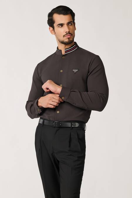 Buy S&N By Shantnu Nikhil Grey Lycra, Nylon Crystals Crest Patchwork Shirt Online at Aza Fashions Buy_S&N By Shantnu Nikhil_Grey Lycra, Nylon Crystals Crest Patchwork Shirt_Online_at_Aza_Fashions