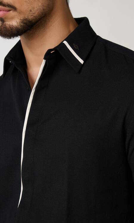 S&N By Shantnu Nikhil Black Wool, Viscose, Polyester Piping Contrast Placket Shirt Online at Aza Fashions S&N By Shantnu Nikhil_Black Wool, Viscose, Polyester Piping Contrast Placket Shirt_Online_at_Aza_Fashions