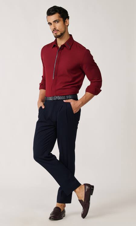 Buy S&N By Shantnu Nikhil Red Lycra, Viscose, Terrycloth Piping Placket Shirt Online at Aza Fashions Buy_S&N By Shantnu Nikhil_Red Lycra, Viscose, Terrycloth Piping Placket Shirt_Online_at_Aza_Fashions