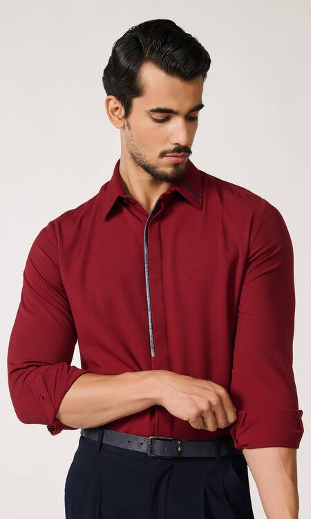 Shop S&N By Shantnu Nikhil Red Lycra, Viscose, Terrycloth Piping Placket Shirt Online at Aza Fashions Shop_S&N By Shantnu Nikhil_Red Lycra, Viscose, Terrycloth Piping Placket Shirt_Online_at_Aza_Fashions