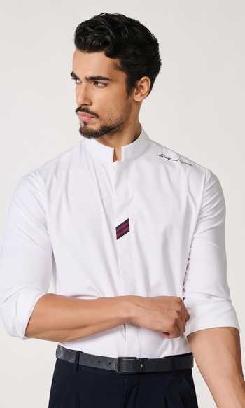 Shop_S&N By Shantnu Nikhil_Off White Contrast Tape Detailed Placket Shirt_Online_at_Aza_Fashions