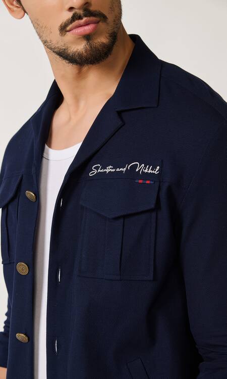 S&N By Shantnu Nikhil_Blue Wool, Viscose, Polyester Front Patch Pocketed Shirt_Online_at_Aza_Fashions