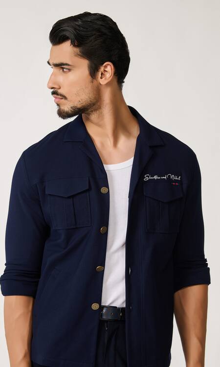 Buy_S&N By Shantnu Nikhil_Blue Wool, Viscose, Polyester Front Patch Pocketed Shirt_Online_at_Aza_Fashions