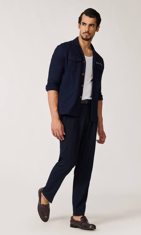 Shop_S&N By Shantnu Nikhil_Blue Wool, Viscose, Polyester Front Patch Pocketed Shirt_Online_at_Aza_Fashions