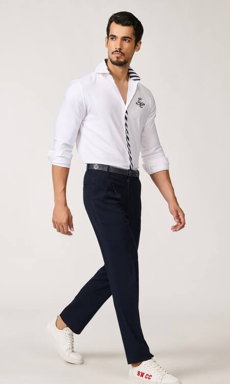 Shop_S&N By Shantnu Nikhil_Off White Cotton Embroidery Contrast Placket Shirt_Online_at_Aza_Fashions