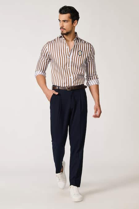 S&N by Shantnu Nikhil Brown Poly Blend Stripe Pattern Shirt 