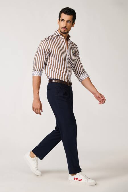 Shop S&N By Shantnu Nikhil Brown Cotton, Polyester Embroidery Stripe Pattern Shirt Online at Aza Fashions Shop_S&N By Shantnu Nikhil_Brown Cotton, Polyester Embroidery Stripe Pattern Shirt_Online_at_Aza_Fashions