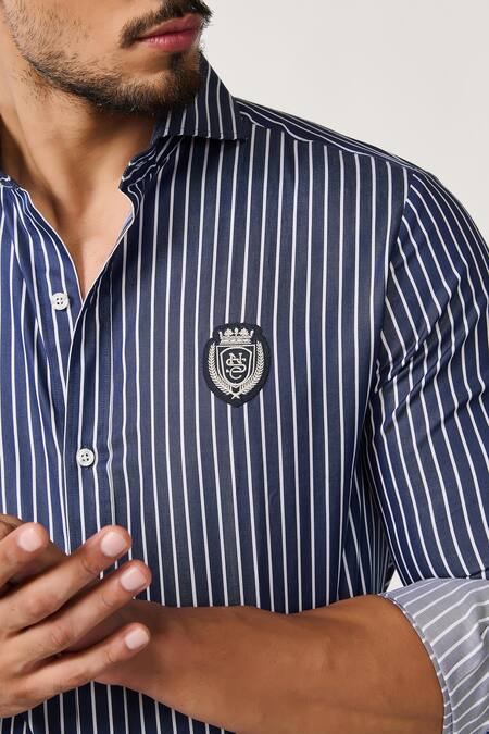 S&N By Shantnu Nikhil Blue Cotton, Polyester Embroidery Narrow Stripe Pattern Shirt Online at Aza Fashions S&N By Shantnu Nikhil_Blue Cotton, Polyester Embroidery Narrow Stripe Pattern Shirt_Online_at_Aza_Fashions