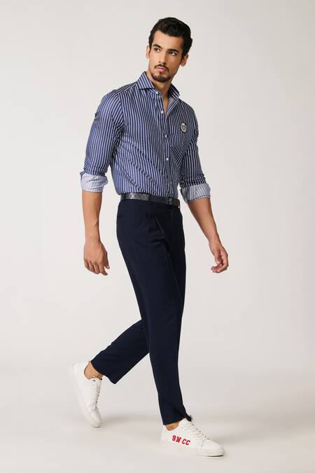 Buy S&N By Shantnu Nikhil Blue Cotton, Polyester Embroidery Narrow Stripe Pattern Shirt Online at Aza Fashions Buy_S&N By Shantnu Nikhil_Blue Cotton, Polyester Embroidery Narrow Stripe Pattern Shirt_Online_at_Aza_Fashions
