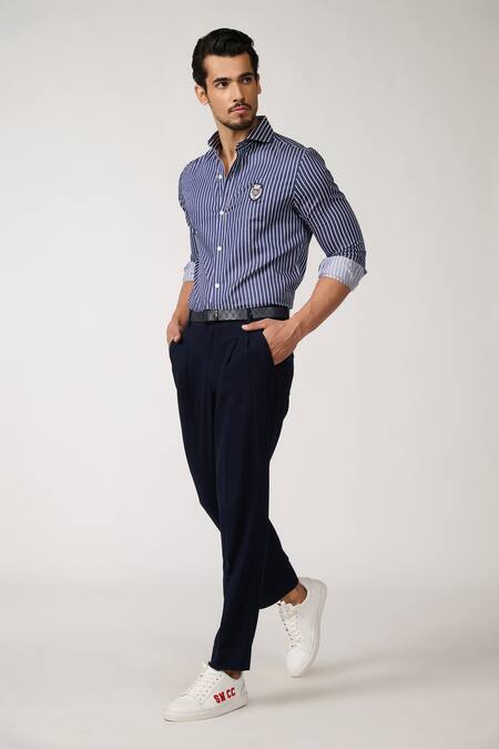 Shop S&N By Shantnu Nikhil Blue Cotton, Polyester Embroidery Narrow Stripe Pattern Shirt Online at Aza Fashions Shop_S&N By Shantnu Nikhil_Blue Cotton, Polyester Embroidery Narrow Stripe Pattern Shirt_Online_at_Aza_Fashions