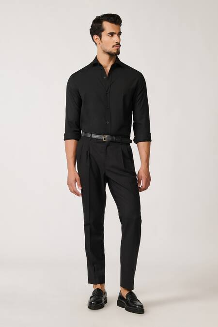 Shop S&N By Shantnu Nikhil Black Lycra, Viscose, Terrycloth Embroidery Plain Collared Shirt at Aza Fashions Shop_S&N By Shantnu Nikhil_Black Lycra, Viscose, Terrycloth Embroidery Plain Collared Shirt_at_Aza_Fashions