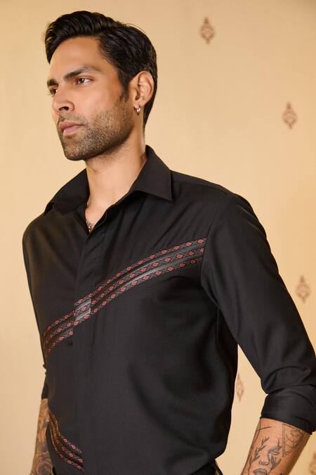 S&N By Shantnu Nikhil Black Rayon Embroidery Asymmetric Leather Patch Work Shirt Online at Aza Fashions S&N By Shantnu Nikhil_Black Rayon Embroidery Asymmetric Leather Patch Work Shirt_Online_at_Aza_Fashions