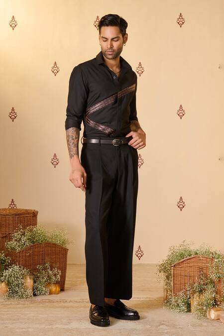 Buy S&N By Shantnu Nikhil Black Rayon Embroidery Asymmetric Leather Patch Work Shirt Online at Aza Fashions Buy_S&N By Shantnu Nikhil_Black Rayon Embroidery Asymmetric Leather Patch Work Shirt_Online_at_Aza_Fashions