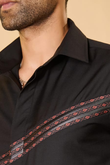 Shop S&N By Shantnu Nikhil Black Rayon Embroidery Asymmetric Leather Patch Work Shirt Online at Aza Fashions Shop_S&N By Shantnu Nikhil_Black Rayon Embroidery Asymmetric Leather Patch Work Shirt_Online_at_Aza_Fashions