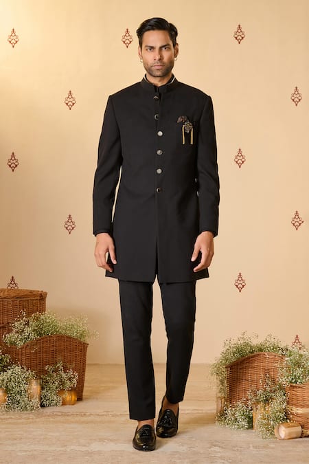 S&N by Shantnu Nikhil Black Heavy Weight Twill In Rayon Blend Plain Swirl Buttoned Up Sherwani 