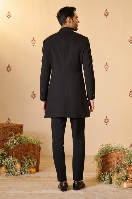 Shop S&N By Shantnu Nikhil Black Rayon, Twill Swirl Buttoned Up Plain Sherwani at Aza Fashions Shop_S&N By Shantnu Nikhil_Black Rayon, Twill Swirl Buttoned Up Plain Sherwani_at_Aza_Fashions