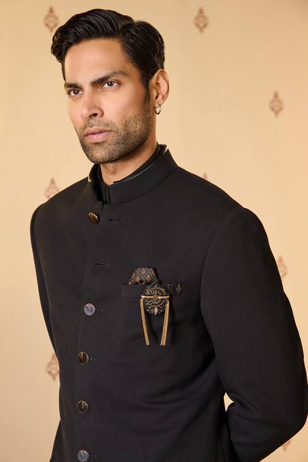 S&N By Shantnu Nikhil Black Rayon, Twill Swirl Buttoned Up Plain Sherwani Online at Aza Fashions S&N By Shantnu Nikhil_Black Rayon, Twill Swirl Buttoned Up Plain Sherwani_Online_at_Aza_Fashions