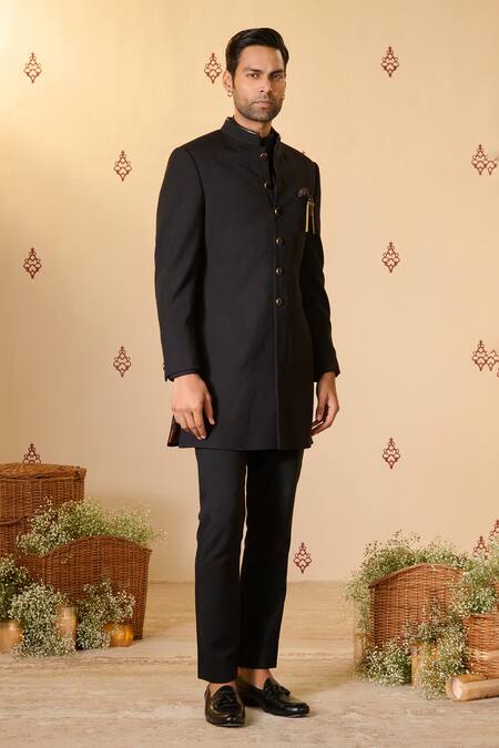 Buy S&N By Shantnu Nikhil Black Rayon, Twill Swirl Buttoned Up Plain Sherwani Online at Aza Fashions Buy_S&N By Shantnu Nikhil_Black Rayon, Twill Swirl Buttoned Up Plain Sherwani_Online_at_Aza_Fashions