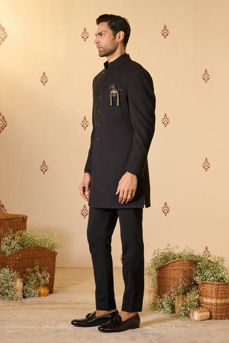 Shop S&N By Shantnu Nikhil Black Rayon, Twill Swirl Buttoned Up Plain Sherwani Online at Aza Fashions Shop_S&N By Shantnu Nikhil_Black Rayon, Twill Swirl Buttoned Up Plain Sherwani_Online_at_Aza_Fashions