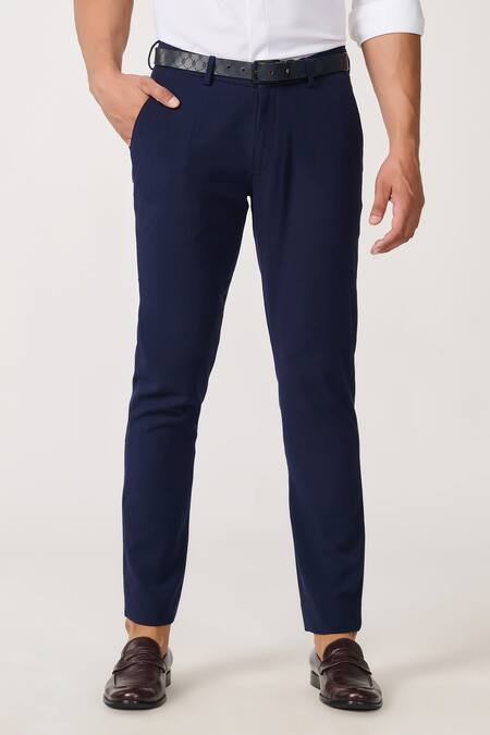 S&N By Shantnu Nikhil Blue Lycra, Viscose, Terrycloth Plain Trousers Online at Aza Fashions S&N By Shantnu Nikhil_Blue Lycra, Viscose, Terrycloth Plain Trousers_Online_at_Aza_Fashions