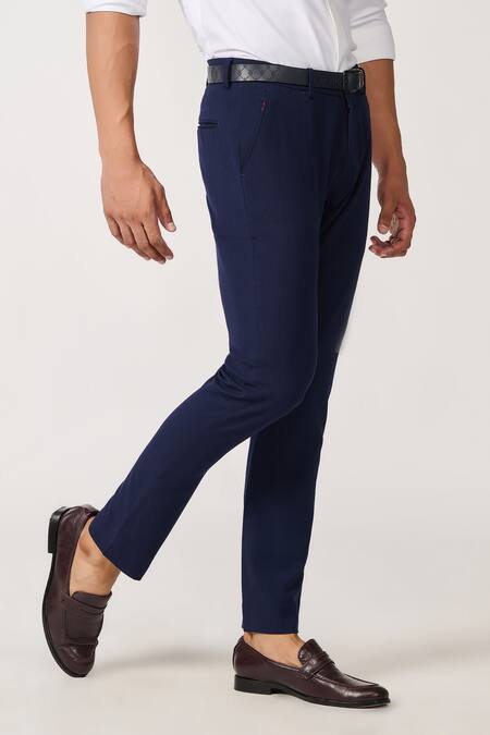 Buy S&N By Shantnu Nikhil Blue Lycra, Viscose, Terrycloth Plain Trousers Online at Aza Fashions Buy_S&N By Shantnu Nikhil_Blue Lycra, Viscose, Terrycloth Plain Trousers_Online_at_Aza_Fashions