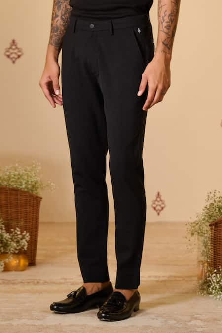 Buy S&N By Shantnu Nikhil Black Rayon, Twill Plain Straight Fit Trousers Online at Aza Fashions Buy_S&N By Shantnu Nikhil_Black Rayon, Twill Plain Straight Fit Trousers_Online_at_Aza_Fashions