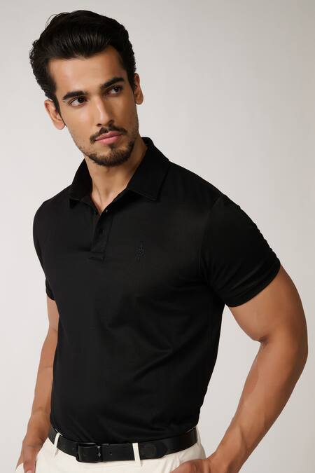 Shop S&N By Shantnu Nikhil Black Spandex, Viscose, Nylon Plain Polo Neck T-shirt Online at Aza Fashions Shop_S&N By Shantnu Nikhil_Black Spandex, Viscose, Nylon Plain Polo Neck T-shirt_Online_at_Aza_Fashions